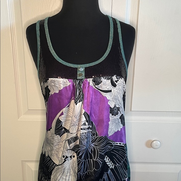 Custo Premium Purple Black Owl Silk Blend Sequined Tank Top Size 2 - Picture 6 of 8